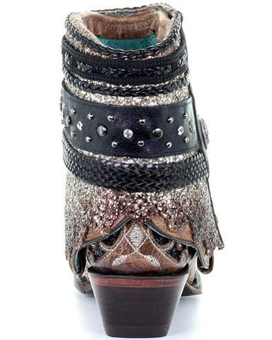 A3691 Corral Women's Brown Flipped Shaft Floral Embroidery & Glittered Inlay Ankle Boot