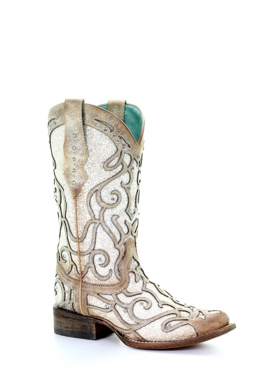 C3482 Corral Women's Bone White Glitter Inlay Western Square Toe Boot