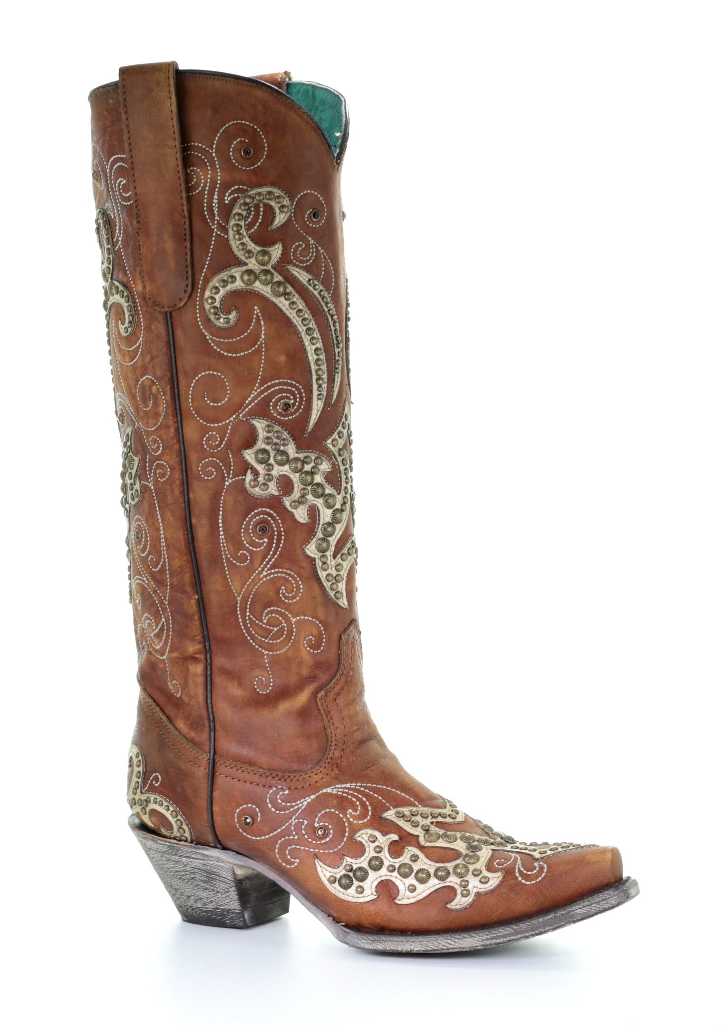 A3638 Corral Women's Brown Overlay Studs Crystals and Embroidery Boots