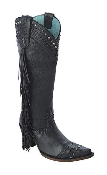 C2973 Corral Women's Black Side Fringe and Studs Boot