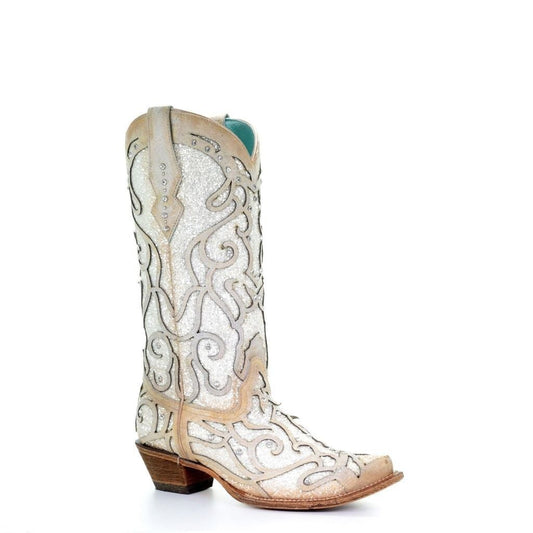 C3434 Corral Women's White Glitter Inlay & Crystal Snip Toe Boot
