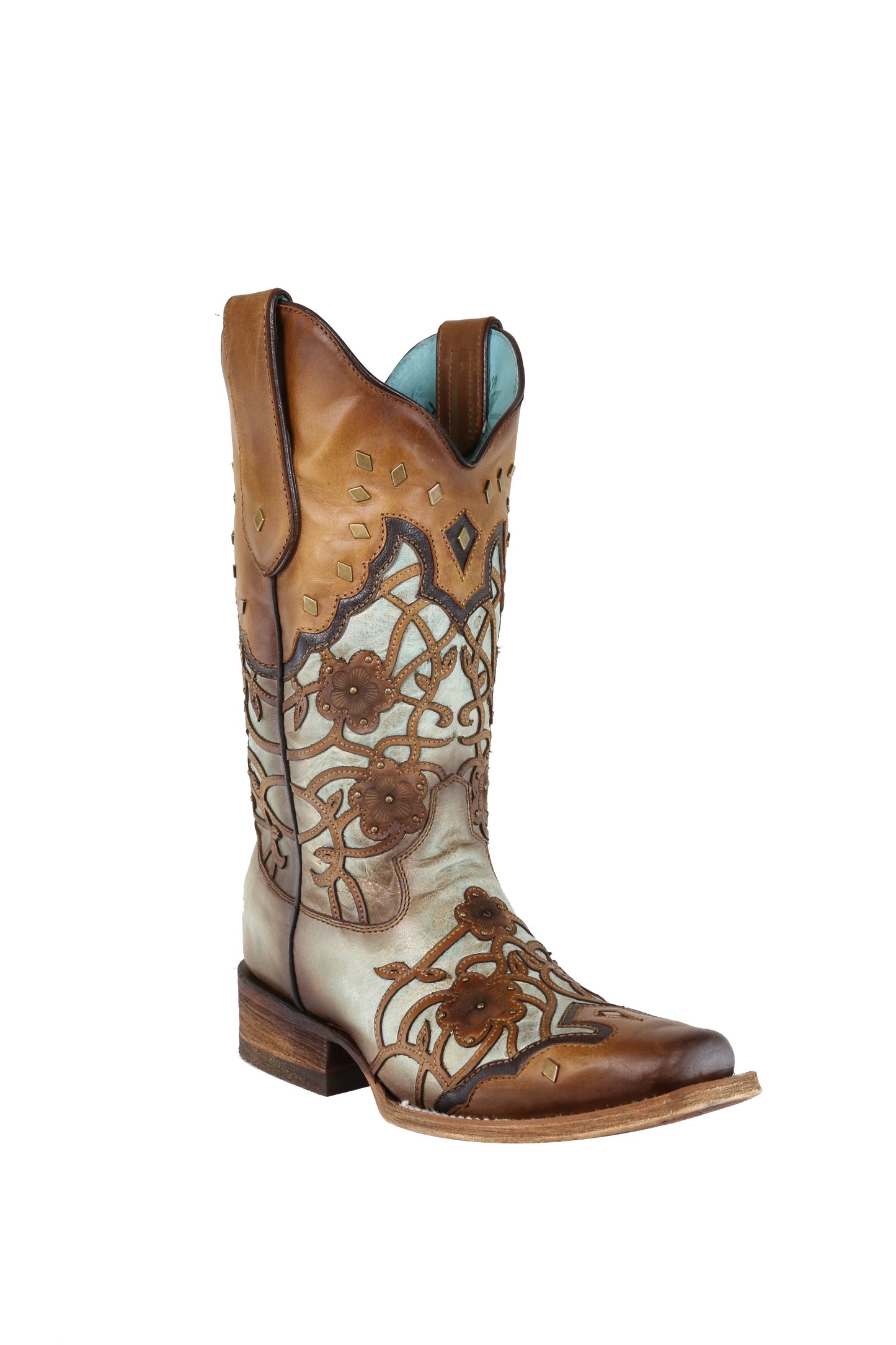 C3224 Corral Women's MINT / MAPLE FLOWERS OVERLAY & STUDS Square Toe Boot