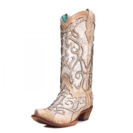 C3434 Corral Women's White Glitter Inlay & Crystal Snip Toe Boot