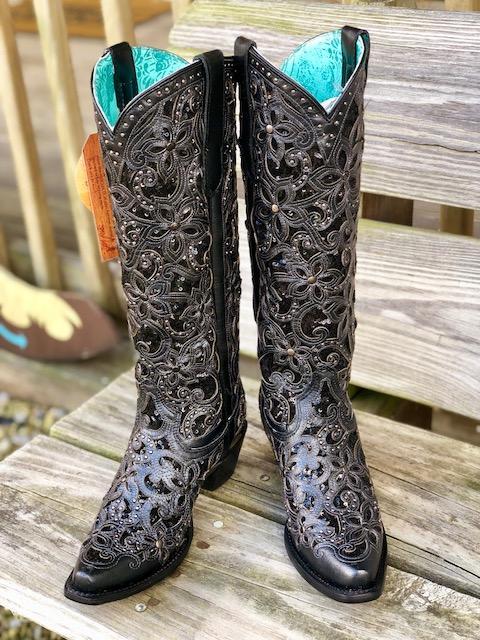 A3589 Corral Women's BLACK FULL INLAY & STUDS Boot