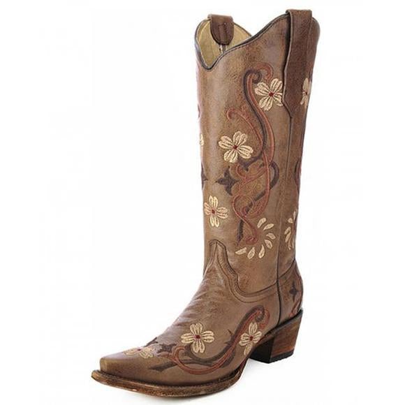 L5176 Circle G Women's Floral Embroidery Brown Snip Toe Boot