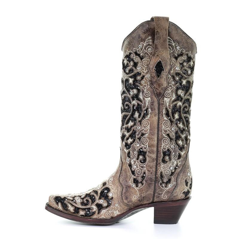 A3569 Corral Women's ASHLEY Brown Inlay / Flowered Embroidery / Studs and Crystals Boot