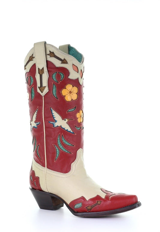 A3780 Corral Women's Bone/Red Birds & Flowers Inlay and Embroidery Boot