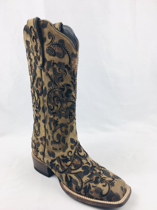 NOL011-10 Old Boot Factory Women's FLORENCE 13" Gaudi Leopard Honey Mustard SQ TOE